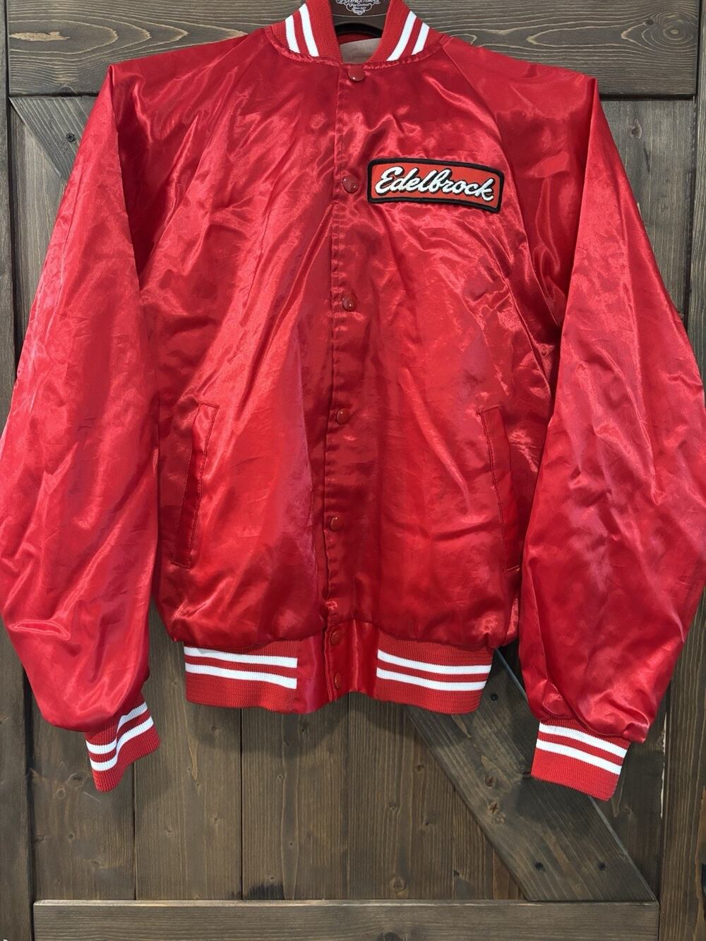 Vintage Edelbrock Satin Snap Jacket Red USA Adult Small Racing Bomber Coat